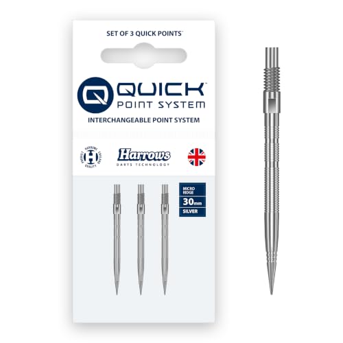 Harrows Micro Grip Quick Points – precyzyjne frezowane CNC groty do darta z ulepszonym uchwytem palca i odporną na pęknięcia konstrukcją – System Fast Swap Quick Point – 30 mm, srebrne