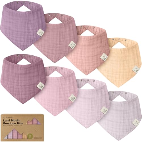 Image of 8-Pack Muslin Baby Bibs for Drooling, Teething Bandana Bibs (Lavender) | Muslin Bandana Drool Bibs for Baby Boys, Girls, Newborn, Teething Toddlers, Infant 0-36 Months, Soft Cotton, Extra Absorbent