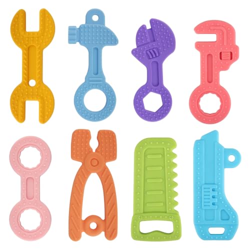 Yinghezu 8 Pack Chew Baby Teething Toys for 0-12 Months Silicone Teether | Freezable BPA Free Baby Molar Teether Chew Toys, Hammer Wrench Spanner Pliers hand saw Shape Baby girl's Boy Car Seat Toy