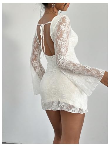SOLY HUX Women's Lace Mini Dress Tie Backless Bell Long Sleeve Crew Neck Bodycon Dresses3