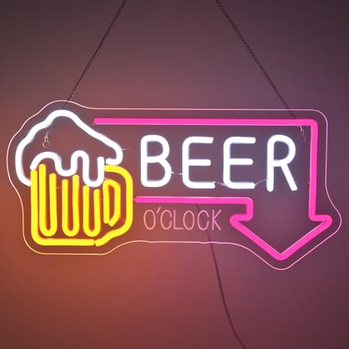 NYXEN Cartel de neón de Beer O'Clock, 42 cm x 21 cm, intensidad regulable, cartel luminoso en la pared, señales de luz para la decoración de tiendas, cocina, comedor, bar, decoración de pared, regalos