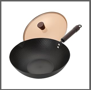 Amercook 12 Inch Carbon Steel Wok with Lid - Flat Bottom Nitrided Wok Pan, Lightweight Natural Non-Stick, Rust Resistant for Induction Gas Electric