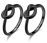MZZJ Best Bitches for Best Friend Sister BFF Friendship Couple Ring Minimalist 2MM Black Stainless Steel Dainty Heart Knot Stackable Thin Rings for Women Gril,Graduation Gift