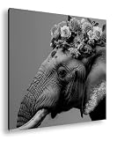 deyoli Majesté en rouge – Éléphant avec couronne florale rouge sang en un coup d'œil Format : 60 x 60 cm Effet : noir et blanc XXL Impression d'art Motif sur cadre en bois/toile murale/décoration de