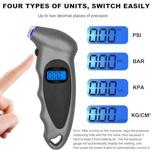 Image of KVAEY Digital Tire Pressure Gauge, 150 PSI 4 Settings Accurate Tire Gauge with Non-Slip Grip, Backlight LCD Tire Pressure Gauge Reader Checker Tool for Car Truck Bicycle Motorcycle (Gray)
