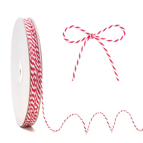 KINGLAKE Red and White Twine - 2mm Cotton Bakers Twine Red and White Christmas Ribbon String Holiday String 328 Feet for Gift Wrapping Baking Butchers Crafts Holiday Decoration Valentines Day