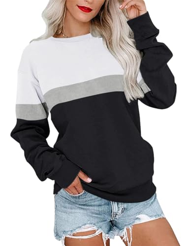 Image of PGANDS Womens Crew Neck Color Block /Solid Sweatshirts Tops Long Sleeve Casual Pullover Cute Lightweight Loose Tops