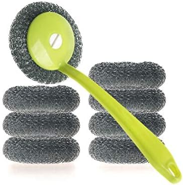 Kitchen Stainless Steel Sponges Scourer Set with Handle,for Uncoated Cookware,Pot Brush,Stovetops,Grill,Removing Tough Dirt (green Long handle)