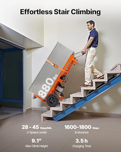 Image of VEVOR Electric Stair Climbing Dolly, 880lbs Electric Stair Climbing Hand Trucks with 157.5in Rope & Extendable Handle, Heavy Duty Stair Climber for Warehouse Logistics, Moving Furniture(Orange)