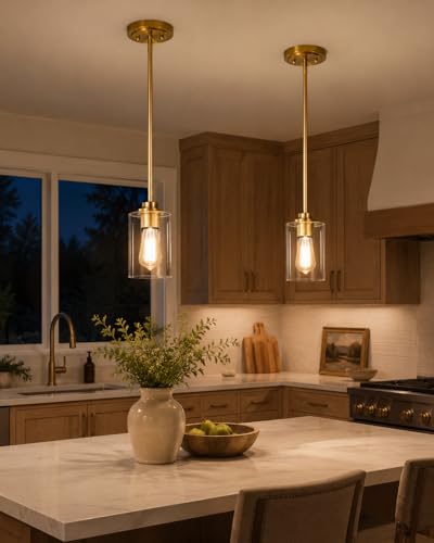 Image of Brass Pendant Lights Kitchen Island 2 Pack, Farmhouse Gold Pendant Lighting with Clear Glass Shade, Mini Hanging Light Fixture for Kitchen Sink Dining, AD-22281-1P2-GD-C