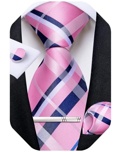Image of DiBanGu Mens Silk Plaid Tie and Pocket Square Set | Elegant Silk Formal Tie Set, Woven Check Necktie and Cufflinks Tie Clip Set, Perfect for Wedding Party, Comes in Gift Box
