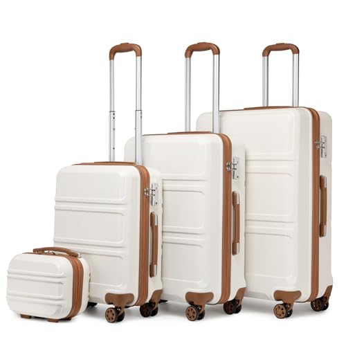 Kono Set de 4 Valises Rigide Léger Ensemble de Bagages en ABS avec 4 roulettes et Serrure TSA 55cm Bagage Cabine / 65cm / 76cm / Vanity Case (Blanc Crème)