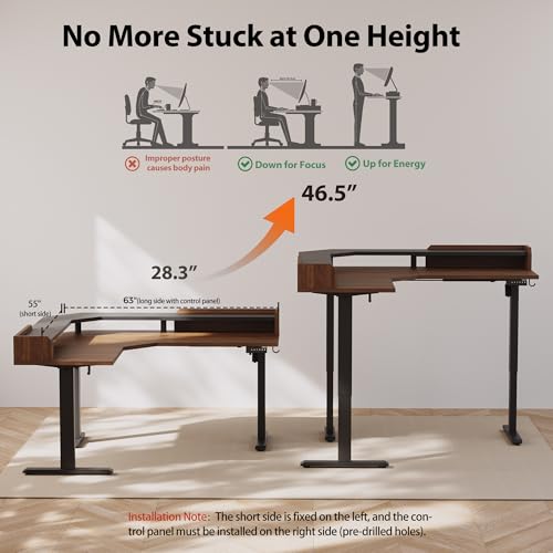 Image of Agilestic L Shaped Standing Desk, Adjustable Height Corner Gaming Desk with Shelf, Sit Stand Up Desk, 63 x 55 Inch Home Office Computer Table, Dark Walnut