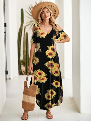 Image of BELAROI Womens Cold Shoulder Maxi Dress Plus Size V Neck Summer Sundresses with Pockets Beach Coverup Vacation Outfits