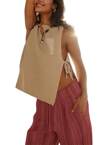 Image of Womens Spring Summer Sleeveless Side Tie Sweater Top Stylish Ribbed Knit Dropped Tank 2025(Apricot-S)