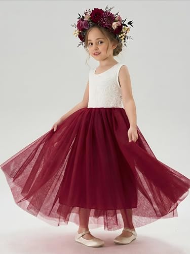 Image of 2Bunnies Girl Peony Lace Back A-Line Straight Tutu Tulle Party Flower Girl Dress