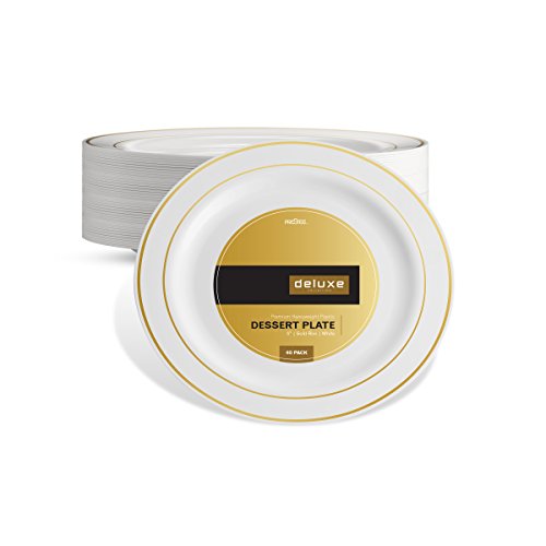 DELUXE PLASTIC PARTY DISPOSABLE PLATES | 6 Inch Hard Wedding Dessert Plates | White with Gold Rim, 40 Pack | Elegant & Fancy Heavy Duty Party Supplies Plates for all Holidays & Occasions
