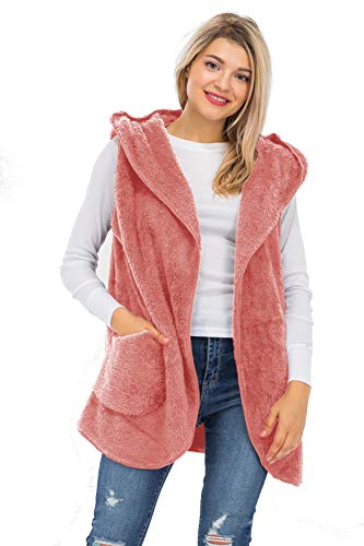 Open Front Hooded Faux Fur Side Pockets Cocoon Slouchy Vest Dusty Rose M