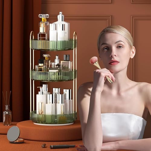 Image of Xmart India 360 Rotating Makeup Organizer - Transparent Cosmetic & Skincare Storage Rack for Dressing Table Lipstick, Perfume, Beauty Accessories & Bathroom Counter Organizer (3 Layer, Green)