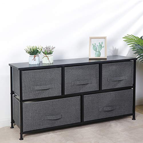 Super Deal Wide Dresser For Bedroom, 5 Drawer Fabric Storage Organizer Chest Heavy Duty Steel Frame Wood Top For Kids Toys Livingroom Closet Nursery Hallway, Dark Grey #TOP6