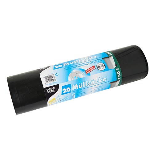 PAPSTAR 20 bolsas de basura de polietileno de baja densidad (PEBD, 150 L, 150 x 70 cm, extra fuertes), color negro