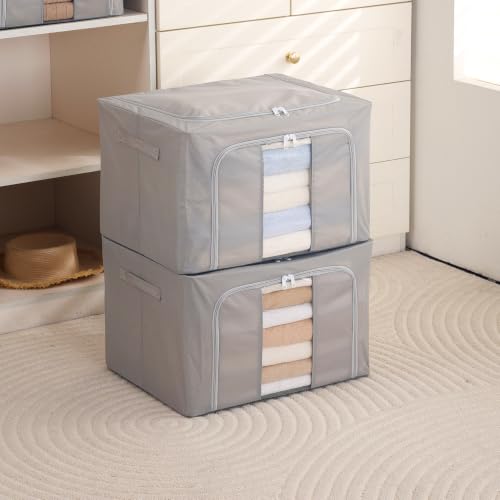 Image of HOKIPO 66L Wardrobe Organiser for Storage for Clothes, Large Foldable Storage Box, Light Grey Pack of 2 (NEW-AR-6670-LGRY*2)