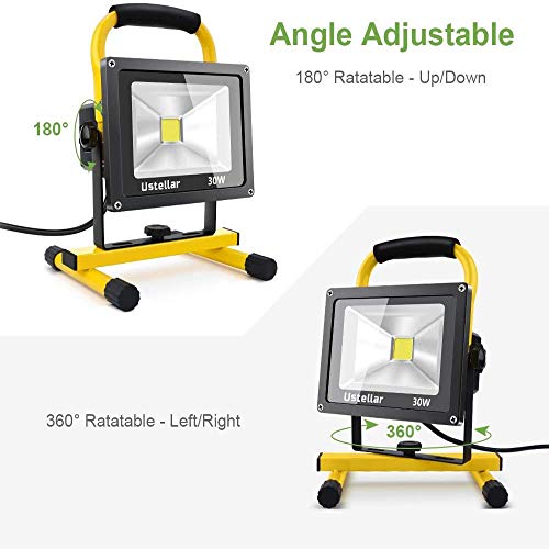 Ustellar 2400LM 30W LED Work Light (200W Equivalent), Waterproof Portable LED Flood Lights, Job Site Lighting with Stand for Construction Site, Workshop, 16ft/5M Cord with Plug, 6000K Daylight White