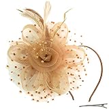 XYIYI Gold Fascinators Hut Blume Mesh Federn Stirnband Tea Party Kopfbedeckung Hochzeit Haarspange für Damen Mädchen