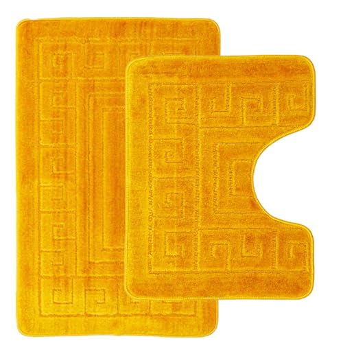 Ambience Products Bath And Toilet Mat Set New Greek Rug Style 2 Piece Bath Mats For Bathroom Non-slip Bathroom Carpets (Yellow)