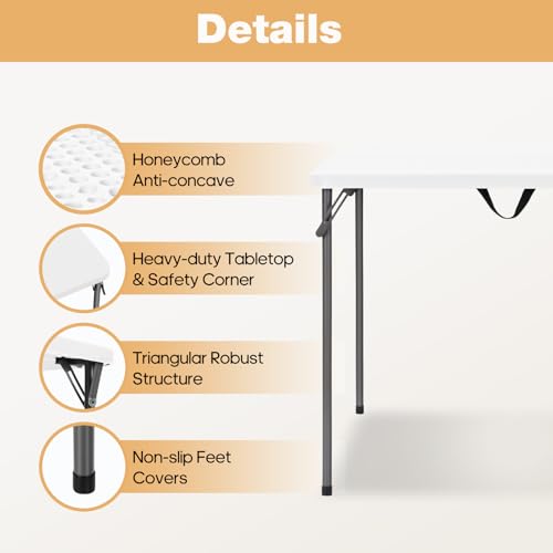 34\" Square Folding Table for 4 Person, 330lbs Weight Capacity Foldable Table with HDPE Tabletop & Heavy-Duty Steel Legs, Large Portable Picnic Table for Indoor Outdoor Parties, Camping, White - Thumbnail 3
