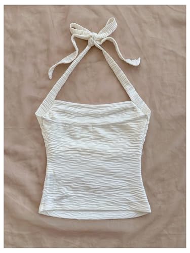 SHENHE Women's Textured Tie Back Halter Crop Top Sleeveless Backless Boho Cute Tank Top2