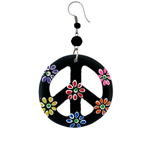 Gli orecchini in legno a forma di simbolo della pace hanno una dimensione di 51 mm e un gancetto in acciaio inossidabile. Al di sopra del simbolo Peace si trova una perla grande e una piccola in legno nero. Il marchio Peace è decorato con un totale di sei fiori, di cui uno in lilla, giallo, blu, rosso, arancione e rosa.