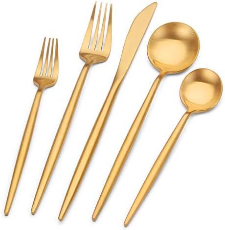 Bettlife Matte Gold Silverware Set Stainless Steel Satin Finish Flatware Cutlery Set Service for 4, 20-Piece Spoons and Forks Kitchen Utensil Set, Dishwasher Safe (Matte Gold, 20 P)