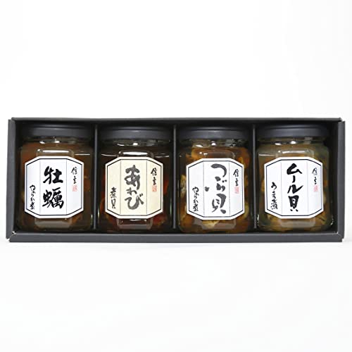 テレビでも放映された弊社大ヒット商品小粒あわび煮貝とつぶ貝・カキ・ムール貝をセットにした、お酒のおつまみにピッタリな商品です 信玄食品 煮貝詰合せ (4本セット)