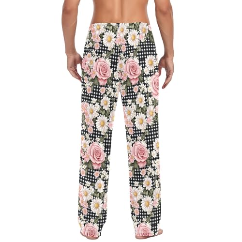 Men's Pink Roses Daisies Pajama Pants with Pockets - Straight Fit Cotton Sleep Bottoms for Lounge & Nightwear#933