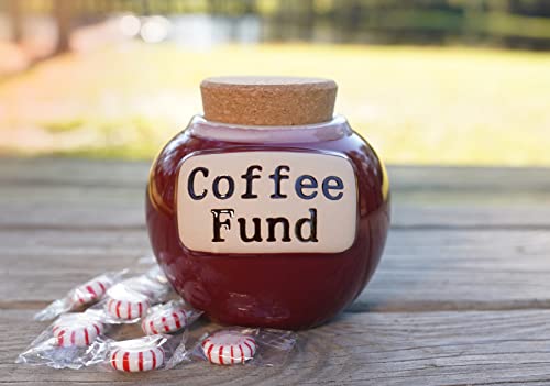 Cottage Creek Jars, Round Red Ceramic Coffee Fund Money Jar with Cork Lid, Coffee Container Piggy Bank, Birthday Gifts for Women, Friends, Men, Coworkers, Cute Home and Office Decor