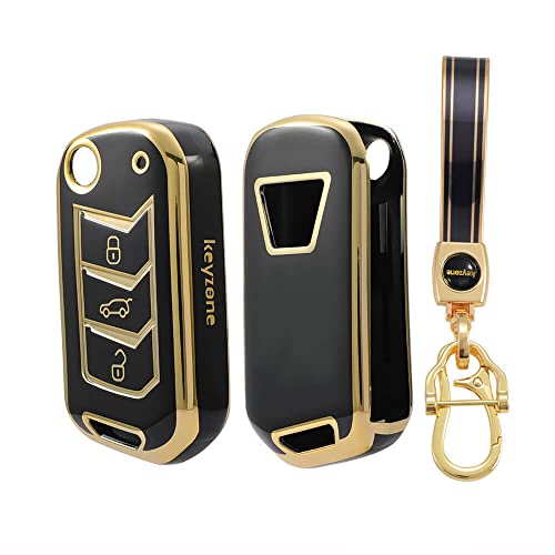 Image of Keyzone TPU Car Key Cover and Keychain Compatible for: Scorpio-N, TUV 300 Plus, XUV 300, XUV700, Marazzo, Bolero 2020, Scorpio, Thar Flip Key (Gold Black with Gold Black Keychain)