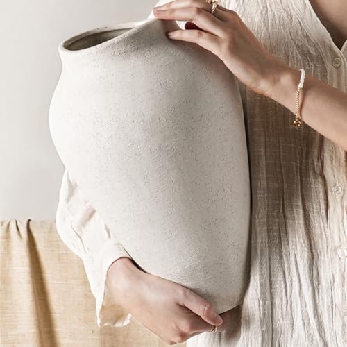 White Ceramic Vase - Large 13.6 Inch Tall Floor Vase