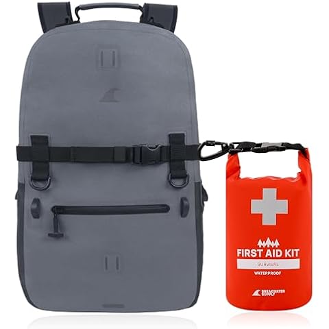 Breakwater Supply Waterproof Backpack and Waterproof First Aid Survival Kit Bundle, Explorer 25L Non-Rolltop Dry Bag and 2L Emergency Supplies Cover