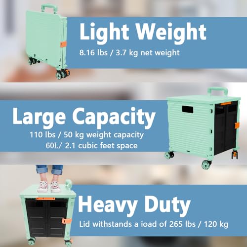 FELICON SELORSS Foldable Utility Cart Folding Portable Rolling Crate Handcart with Durable Heavy Duty Plastic Telescoping Handle Collapsible 4 Rotate Wheels for Travel Shop Move Luggage Office(Green - Thumbnail 3