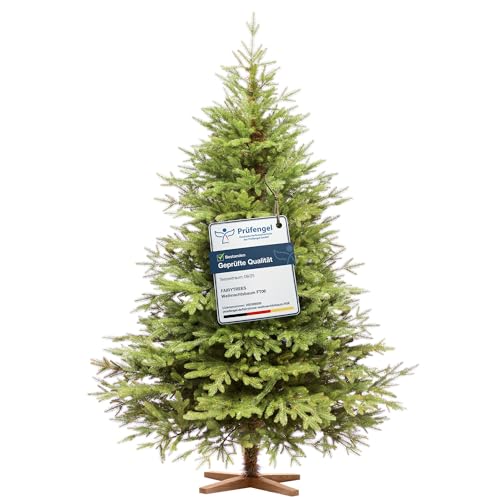 FAIRYTREES Weihnachtsbaum künstlich 220cm Nordmanntanne Exklusiv 100% PE| Tannenbaum Holzständer | Made in EU | Christbaum künstlich mit Naturgetreue Spritzguss Elemente
