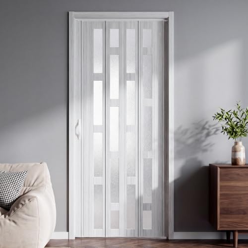 Image of INMOZATA Folding Door PVC Plastic Internal Doors Sliding Concertina Door Panel Divider (White, Frosted Glass)
