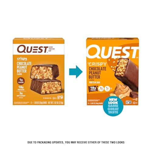 Image of Quest Nutrition Crispy Chocolate Peanut Butter Hero Protein Bar, 18g Protein, 1g Sugar, 3g Net Carb, Gluten Free Protein Snack, Keto Friendly, 4 Count