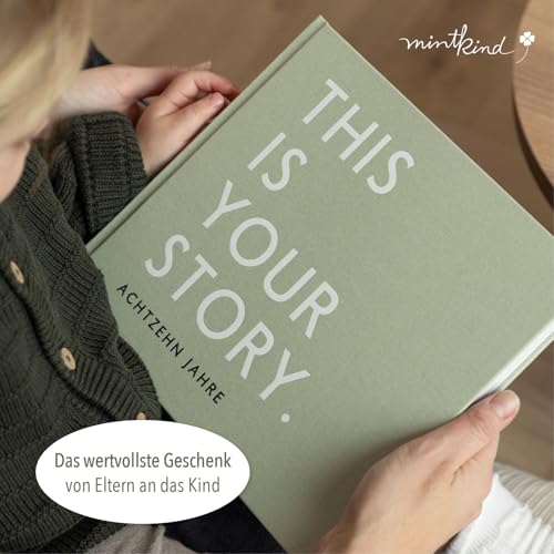 mintkind Erinnerungsbuch Baby bis 18 Jahre - Salbei Leinen, Geburtstagsbuch zum Eintragen, Geschenk zur Geburt für bleibende Erinnerungen