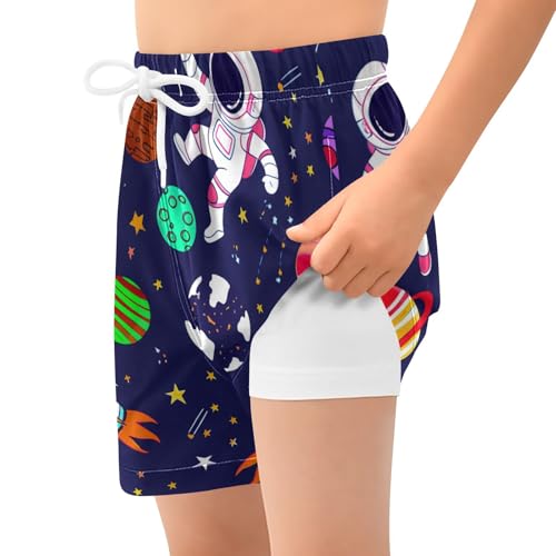 Boy Swim Trunks with Compression Liner Astronauts Space Pattern Boys Swim Shorts Quick Dry Beach Shorts2