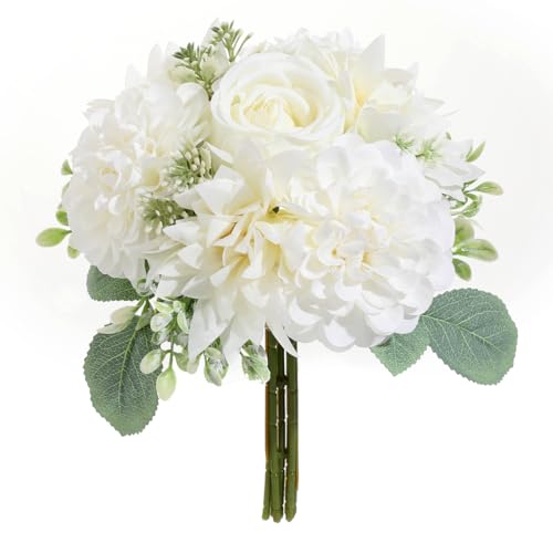 Sousi Hochzeitssträuße für Braut und Brautjungfern, Weiße Kunstrosen Blumen Hochzeitsdekoration (Weiß, 20 cm)