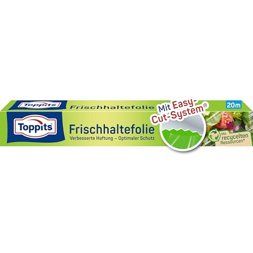 Toppits Frischhaltefolie - 1 x 20m Selbsthaftende 3-Schicht Spezialfolie Ergonomische Packung mit Abreiß-Säge Transparent