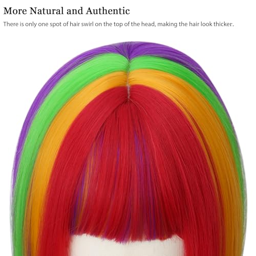 Image of Rose bud Rainbow Bob Wig with Fringe 12 Inch Short Straight Colorful Costume Wigs for Women Cosplay Party Halloween