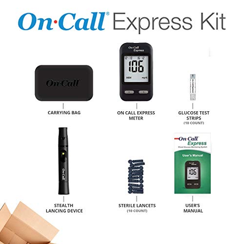 On Call Express Diabetes Testing Kit Blood Glucose Meter, 10 Blood Test Strips, 1 Lancing