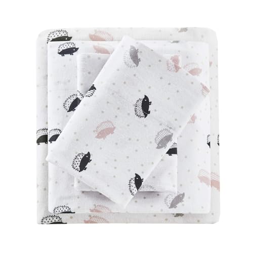 Image of Intelligent Design Cozy Soft 100% Cotton Flannel Print Animals Stars Cute Warm, Ultra Soft Cold Weather Sheet Set Bedding, Full, Pink /Grey Hedgehogs 4 Piece